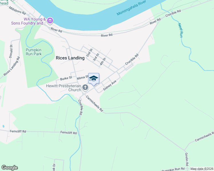 map of restaurants, bars, coffee shops, grocery stores, and more near 109 Sidney Avenue in Rices Landing