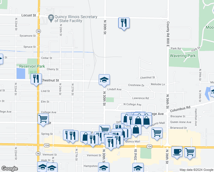 map of restaurants, bars, coffee shops, grocery stores, and more near 3001 Lindell Avenue in Quincy