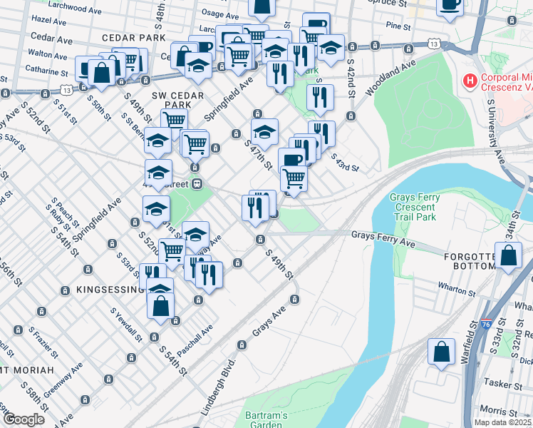map of restaurants, bars, coffee shops, grocery stores, and more near 1324 South 48th Street in Philadelphia