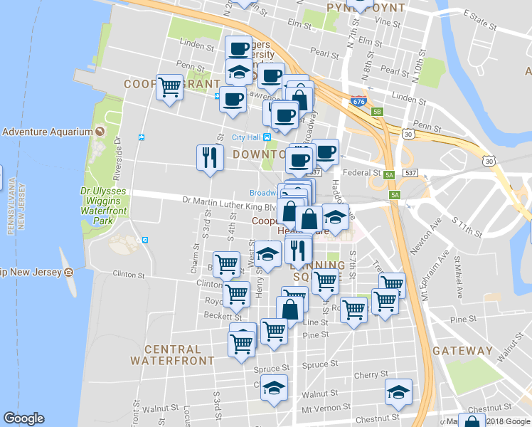 map of restaurants, bars, coffee shops, grocery stores, and more near 438 Doctor Martin Luther King Boulevard in Camden