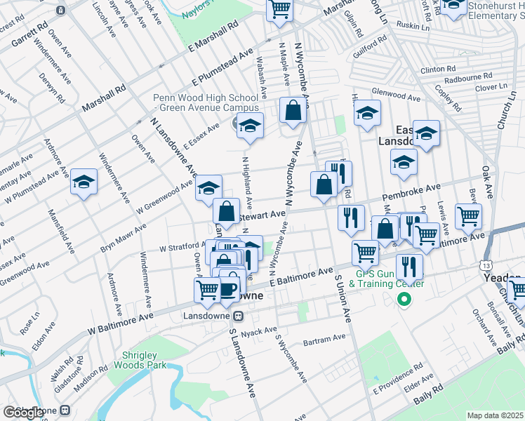 map of restaurants, bars, coffee shops, grocery stores, and more near 55 East Stewart Avenue in Lansdowne