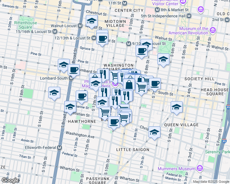 map of restaurants, bars, coffee shops, grocery stores, and more near 1015 Bainbridge Street in Philadelphia