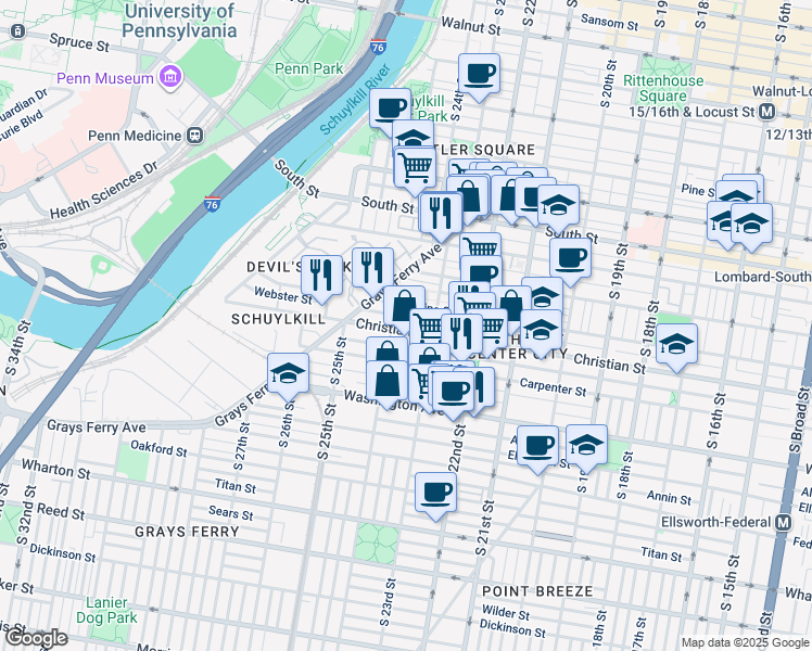 map of restaurants, bars, coffee shops, grocery stores, and more near 2335 Christian Street in Philadelphia