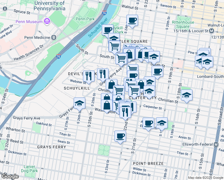 map of restaurants, bars, coffee shops, grocery stores, and more near 2335 Christian Street in Philadelphia