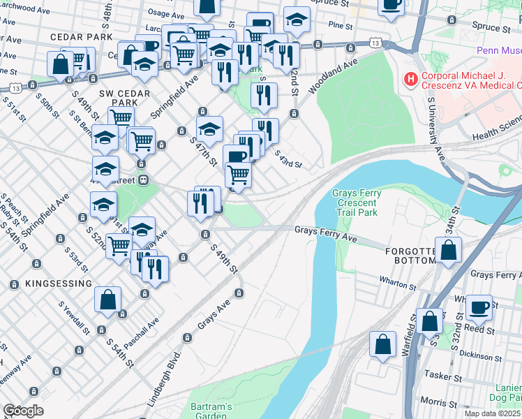 map of restaurants, bars, coffee shops, grocery stores, and more near 1425 South 47th Street in Philadelphia