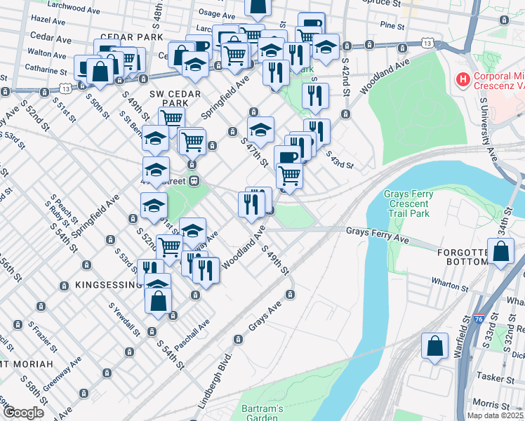 map of restaurants, bars, coffee shops, grocery stores, and more near 1324 South 48th Street in Philadelphia