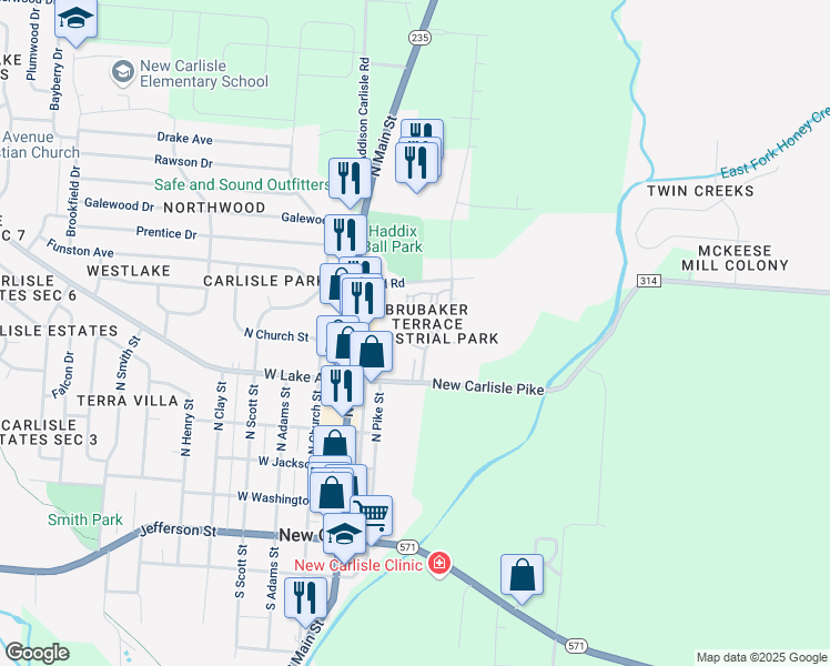 map of restaurants, bars, coffee shops, grocery stores, and more near 199 Sunrise Terrace in New Carlisle