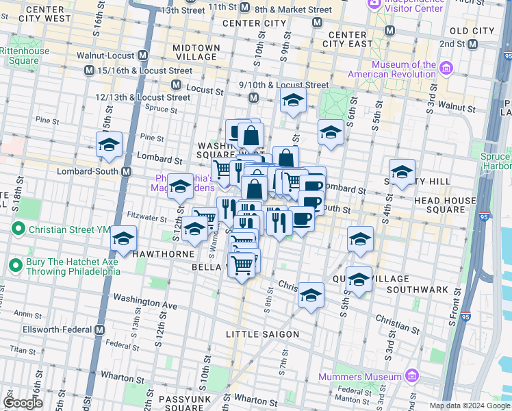 map of restaurants, bars, coffee shops, grocery stores, and more near 612 South 9th Street in Philadelphia