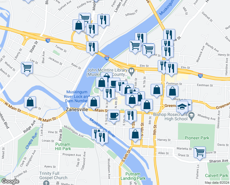 map of restaurants, bars, coffee shops, grocery stores, and more near 111 North 4th Street in Zanesville