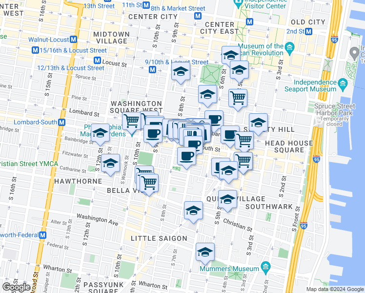 map of restaurants, bars, coffee shops, grocery stores, and more near 728 South Street in Philadelphia