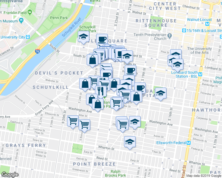 map of restaurants, bars, coffee shops, grocery stores, and more near 2122 Catharine Street in Philadelphia