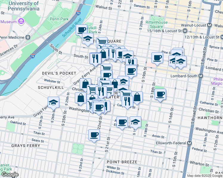 map of restaurants, bars, coffee shops, grocery stores, and more near 2122 Catharine Street in Philadelphia