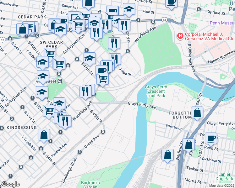 map of restaurants, bars, coffee shops, grocery stores, and more near 4635 Paschall Avenue in Philadelphia