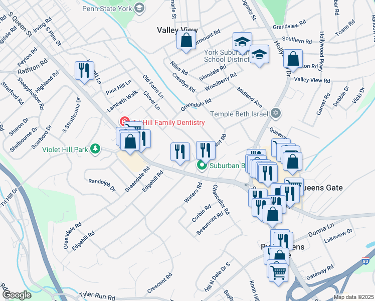 map of restaurants, bars, coffee shops, grocery stores, and more near 1775 Hillock Lane in York