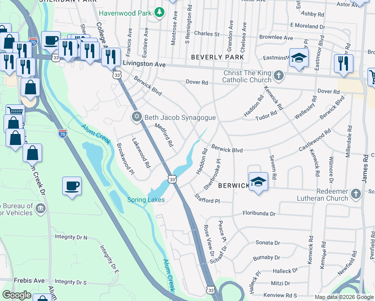 map of restaurants, bars, coffee shops, grocery stores, and more near 2433 Brookwood Road in Columbus