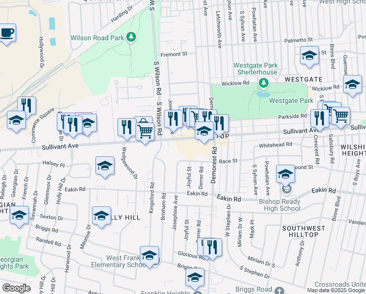 map of restaurants, bars, coffee shops, grocery stores, and more near 3511 Sullivant Ave in Columbus