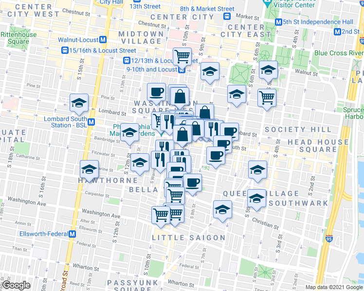 map of restaurants, bars, coffee shops, grocery stores, and more near 612 South 9th Street in Philadelphia