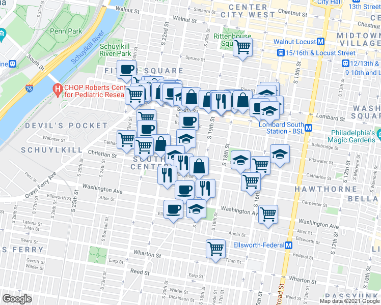 map of restaurants, bars, coffee shops, grocery stores, and more near 771 South 20th Street in Philadelphia