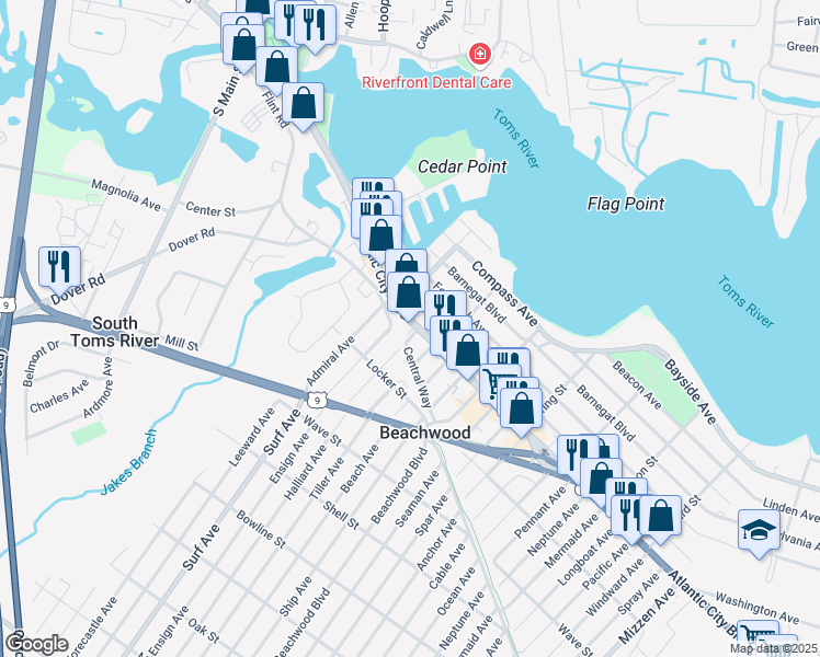 map of restaurants, bars, coffee shops, grocery stores, and more near 118 Atlantic City Boulevard in Beachwood