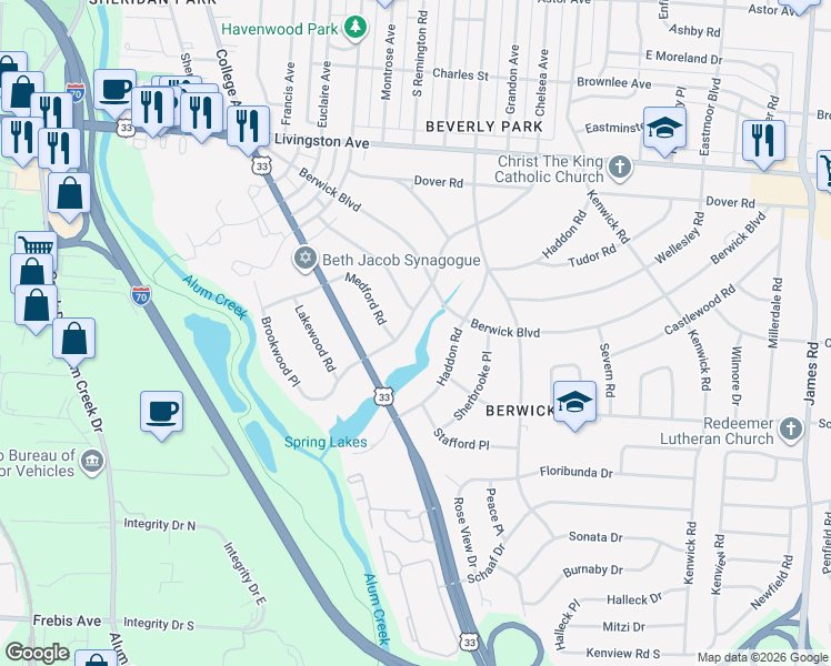 map of restaurants, bars, coffee shops, grocery stores, and more near 2433 Brookwood Road in Columbus