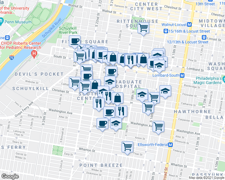 map of restaurants, bars, coffee shops, grocery stores, and more near 771 South 20th Street in Philadelphia