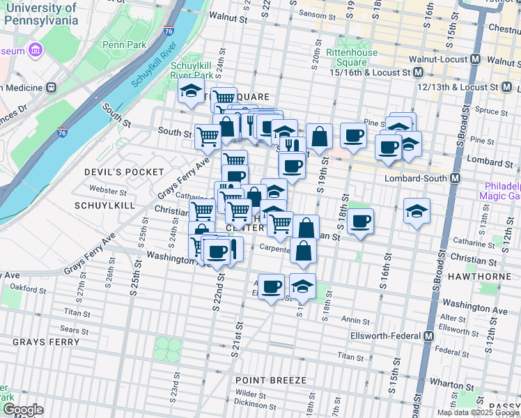 map of restaurants, bars, coffee shops, grocery stores, and more near in Philadelphia