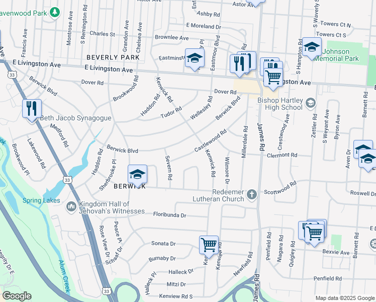 map of restaurants, bars, coffee shops, grocery stores, and more near 2780 Castlewood Road in Columbus