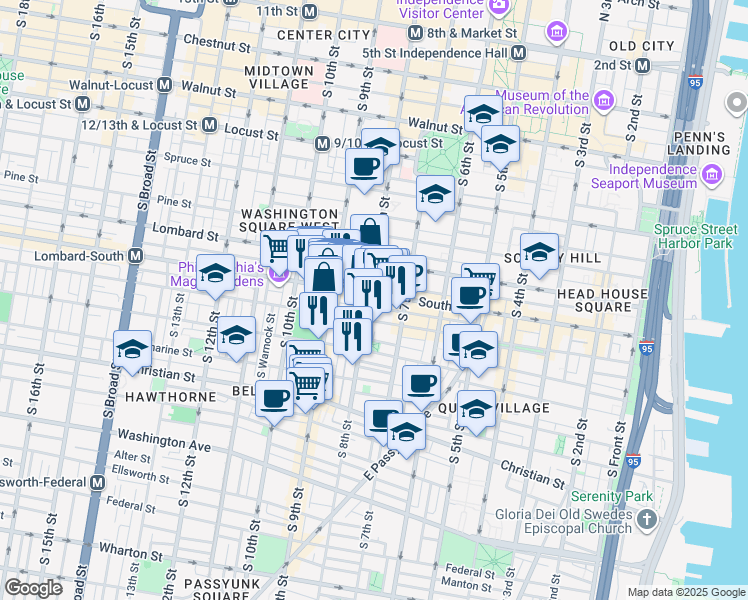 map of restaurants, bars, coffee shops, grocery stores, and more near 824 South Street in Philadelphia