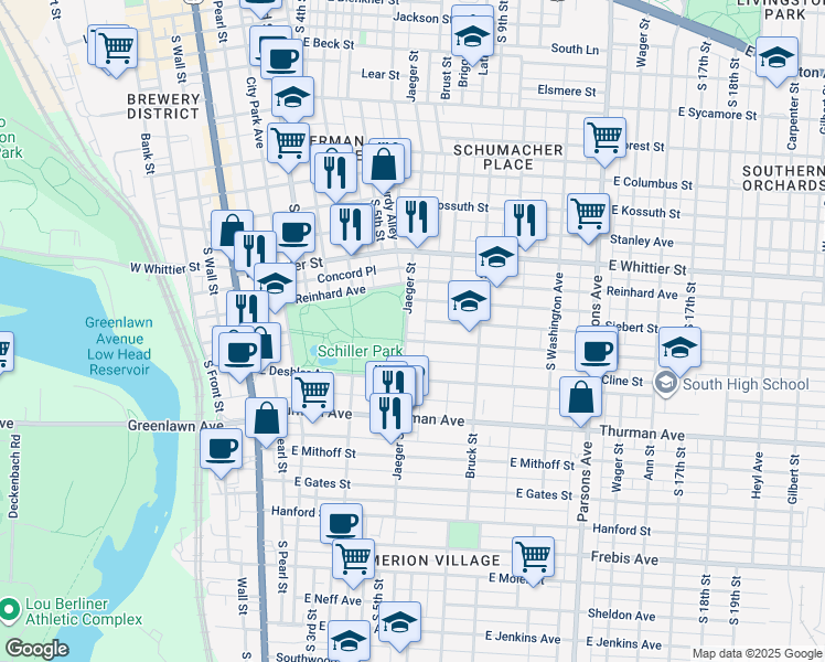 map of restaurants, bars, coffee shops, grocery stores, and more near 1010 Jaeger Street in Columbus