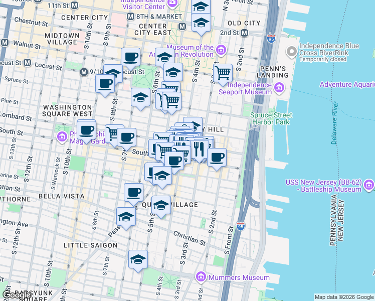 map of restaurants, bars, coffee shops, grocery stores, and more near 337 Gaskill Street in Philadelphia