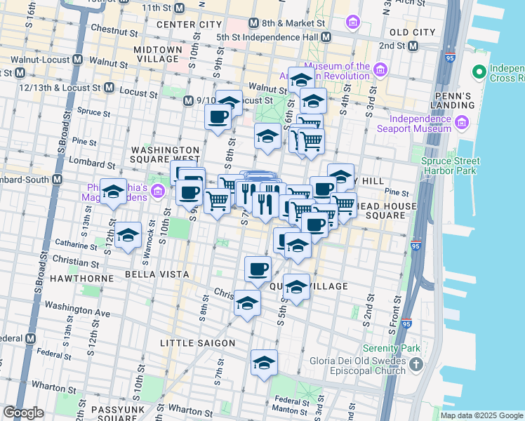 map of restaurants, bars, coffee shops, grocery stores, and more near 617 South Street in Philadelphia