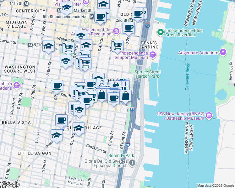 map of restaurants, bars, coffee shops, grocery stores, and more near Lombard St & S 2nd St in Philadelphia