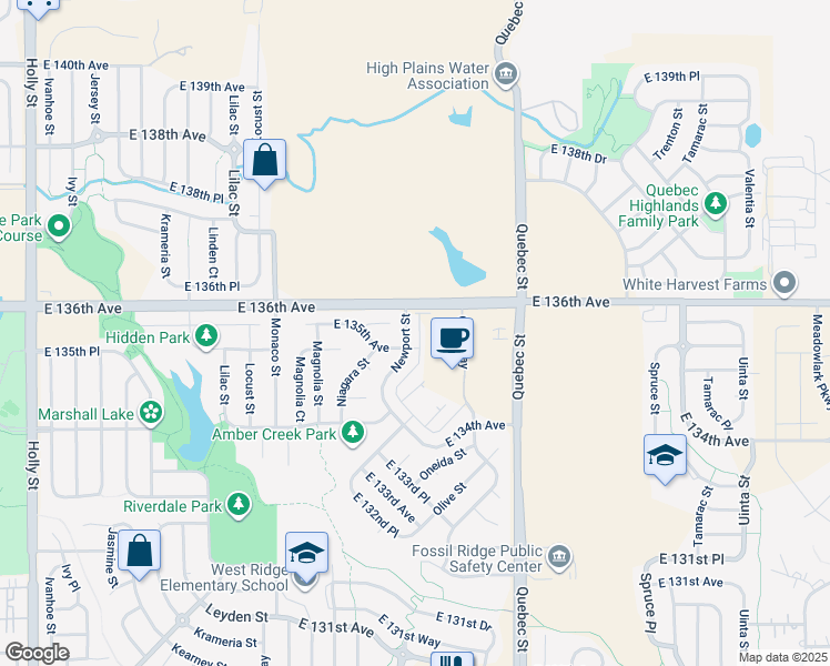 map of restaurants, bars, coffee shops, grocery stores, and more near 6770 East 135th Place in Thornton