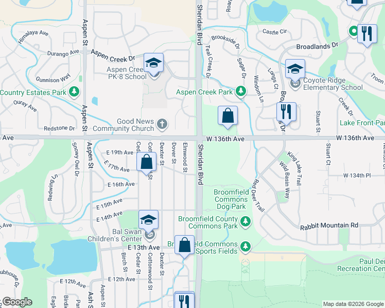 map of restaurants, bars, coffee shops, grocery stores, and more near 1900 Elmwood Street in Broomfield