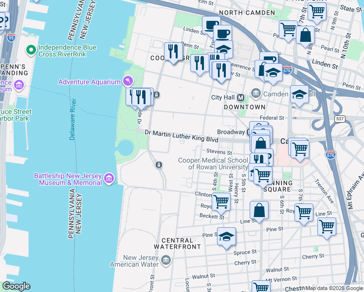 map of restaurants, bars, coffee shops, grocery stores, and more near 101 Stevens Court in Camden