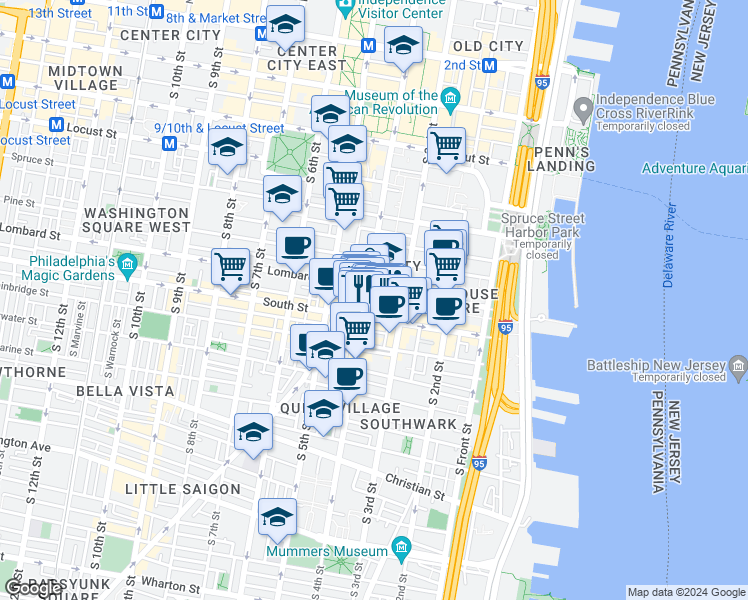 map of restaurants, bars, coffee shops, grocery stores, and more near in Philadelphia