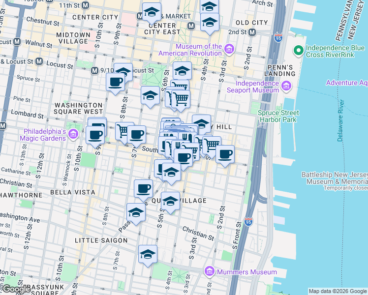 map of restaurants, bars, coffee shops, grocery stores, and more near 432-36 South Street in Philadelphia