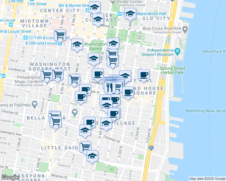 map of restaurants, bars, coffee shops, grocery stores, and more near 432-36 South Street in Philadelphia