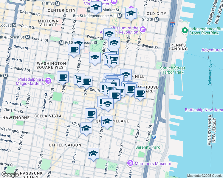 map of restaurants, bars, coffee shops, grocery stores, and more near 430 Gaskill Street in Philadelphia