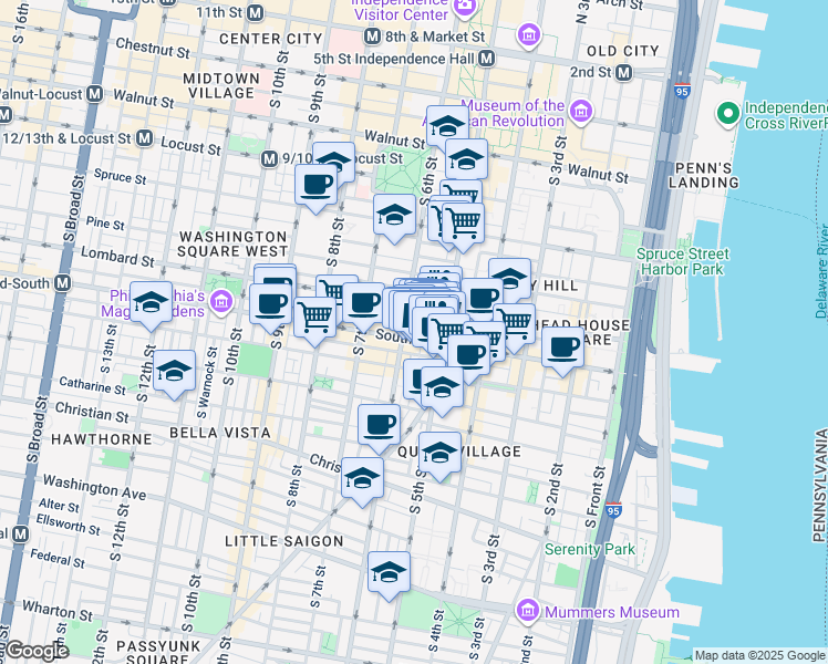 map of restaurants, bars, coffee shops, grocery stores, and more near 517 South Randolph Street in Philadelphia
