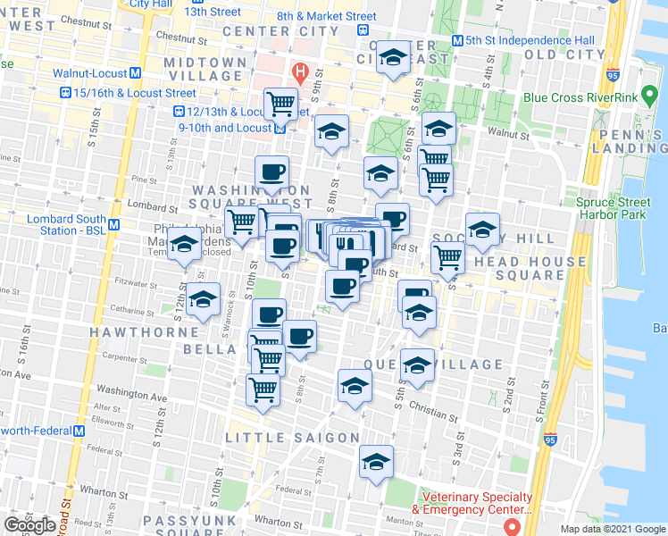 map of restaurants, bars, coffee shops, grocery stores, and more near in Philadelphia