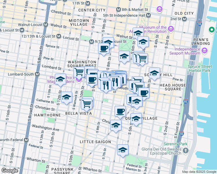 map of restaurants, bars, coffee shops, grocery stores, and more near 607 South 7th Street in Philadelphia