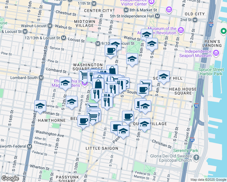 map of restaurants, bars, coffee shops, grocery stores, and more near 824 South Street in Philadelphia