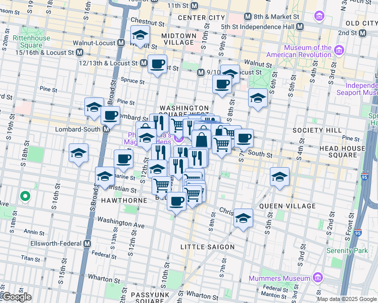 map of restaurants, bars, coffee shops, grocery stores, and more near in Philadelphia