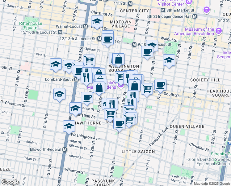map of restaurants, bars, coffee shops, grocery stores, and more near 704 South 11th Street in Philadelphia
