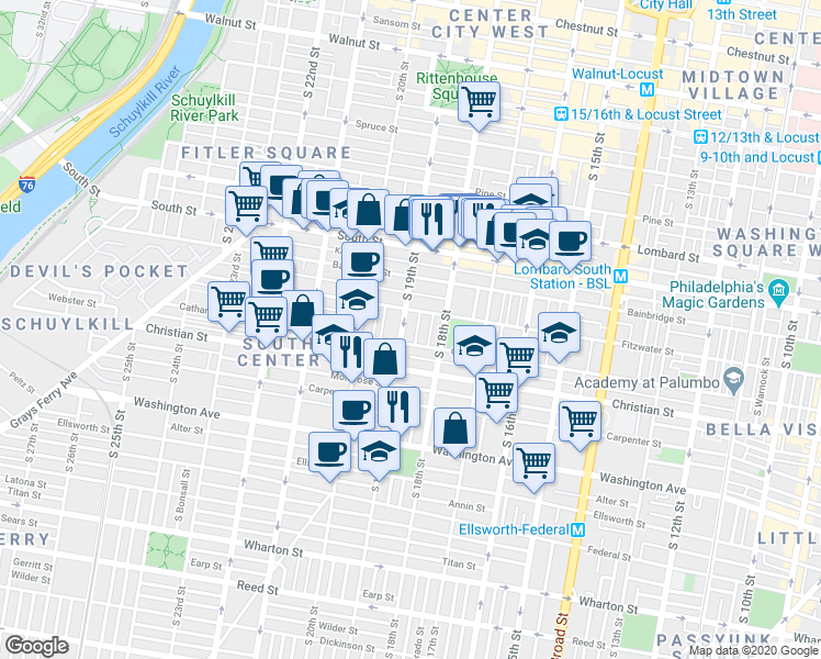 map of restaurants, bars, coffee shops, grocery stores, and more near 769 South 19th Street in Philadelphia