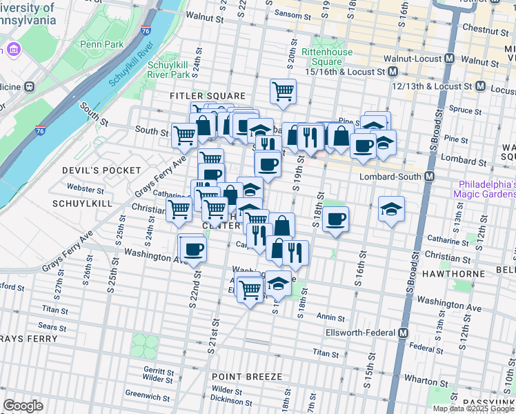 map of restaurants, bars, coffee shops, grocery stores, and more near 777 South 20th Street in Philadelphia