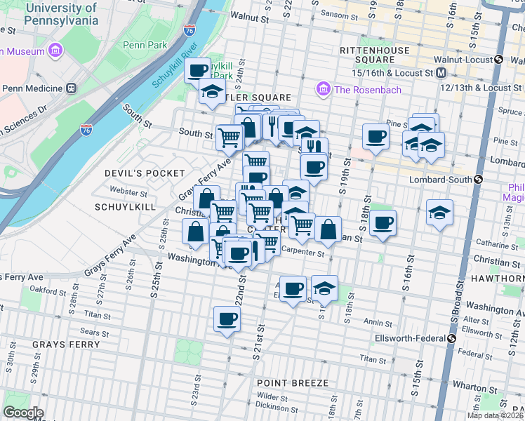 map of restaurants, bars, coffee shops, grocery stores, and more near in Philadelphia