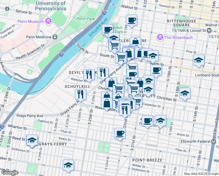 map of restaurants, bars, coffee shops, grocery stores, and more near 2400 Christian Street in Philadelphia