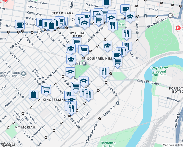 map of restaurants, bars, coffee shops, grocery stores, and more near 1255 Greylock Street in Philadelphia